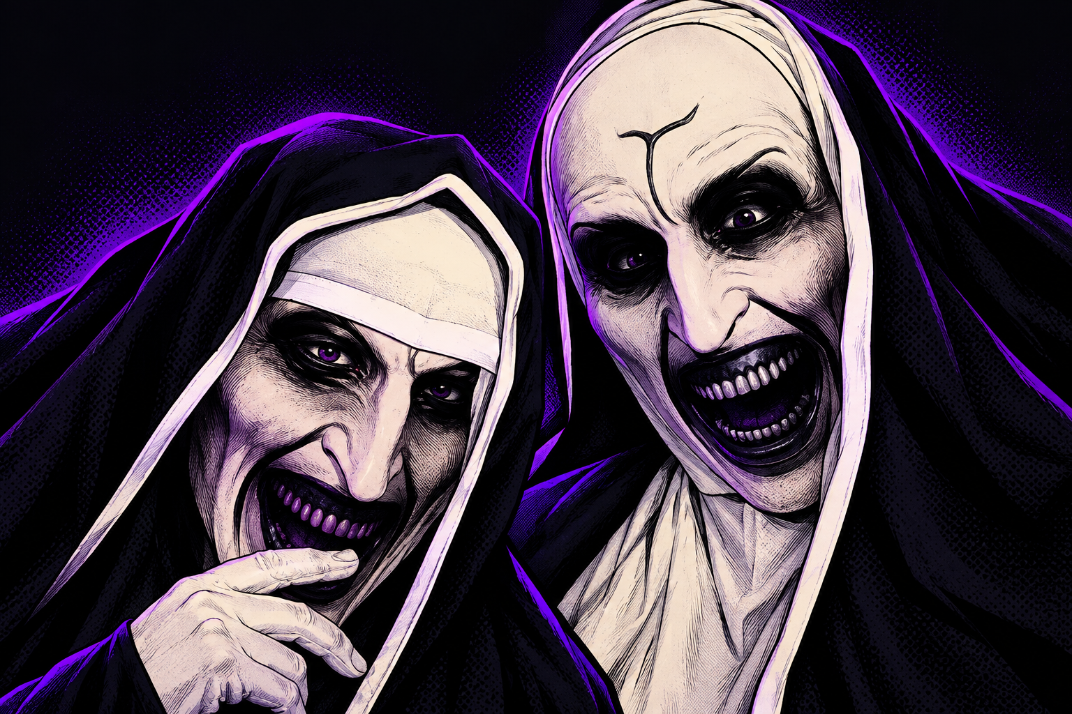 The NunsAfterMidnight duo reimagined as expressive violet-lit comic characters