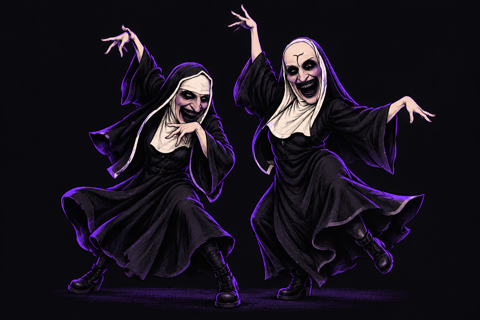 Cartoon versions of the two nuns dancing with playful poses.
